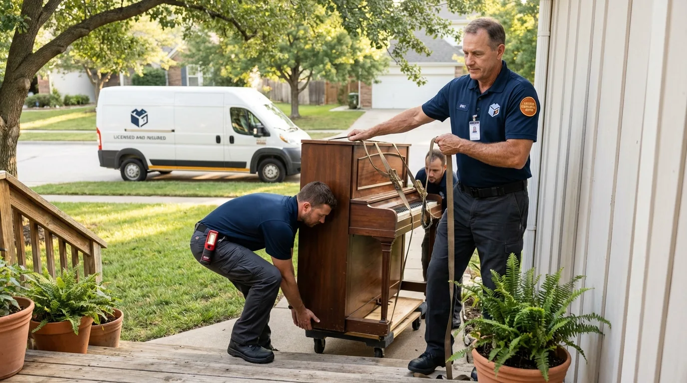 Licensed piano movers securing grand piano in Corona, NY